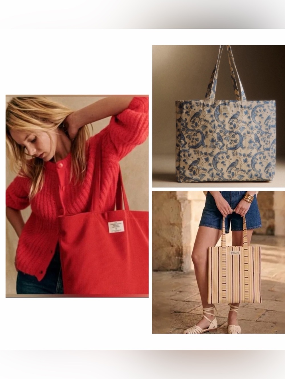3 NEW Sezane Courduory Octobre Red + Antoinette Poissons + Stripe Totes Bags